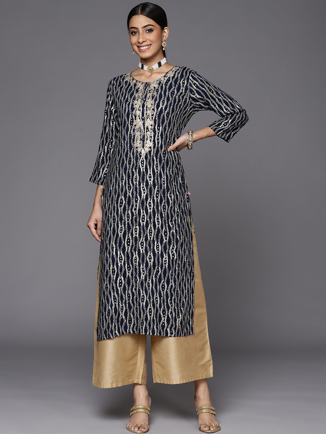 

KALINI Bandhani Printed Thread Work Straight Kurta, Navy blue