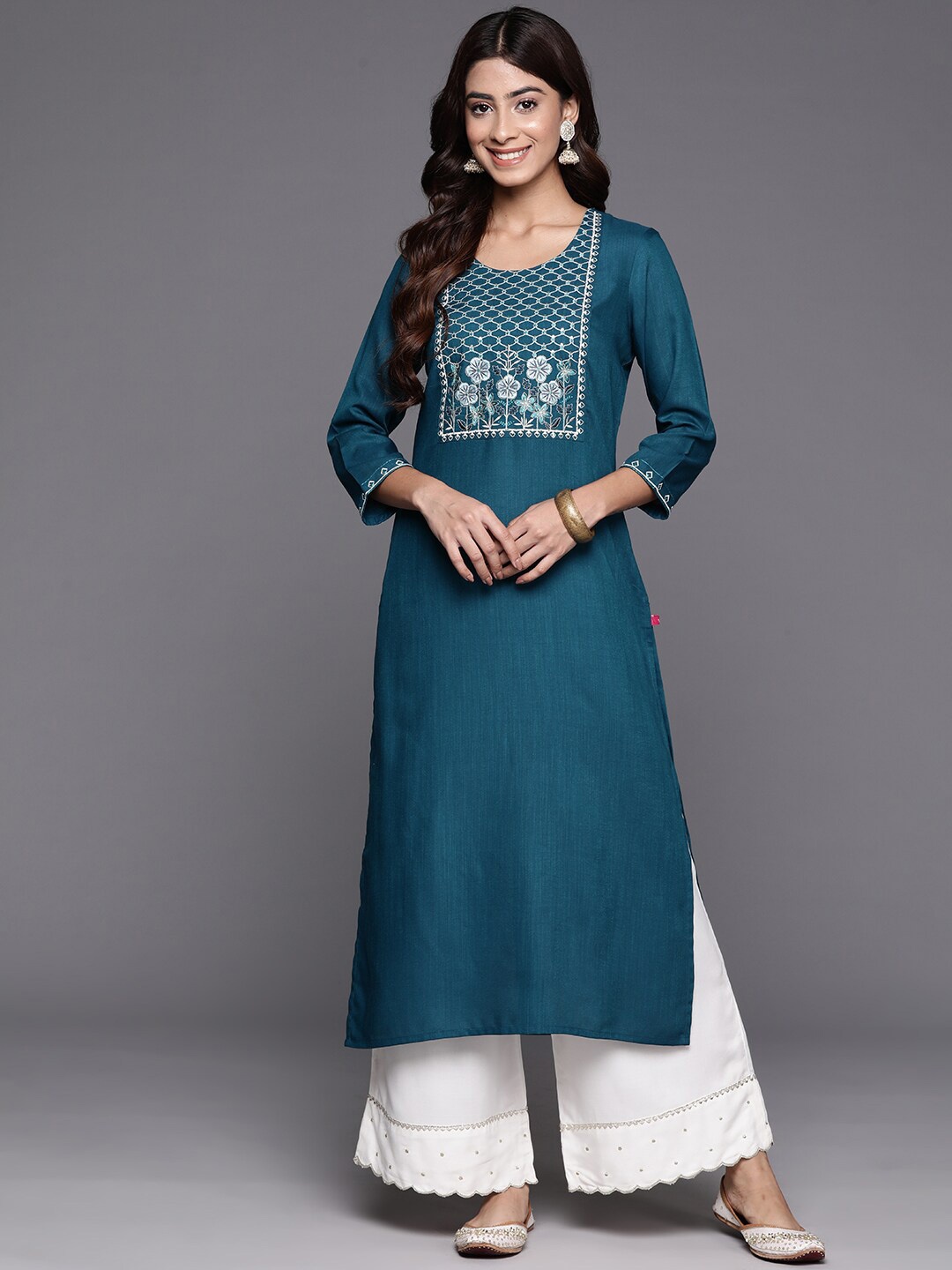 

KALINI Embellished Yoke Design Thread Work Straight Kurta, Teal