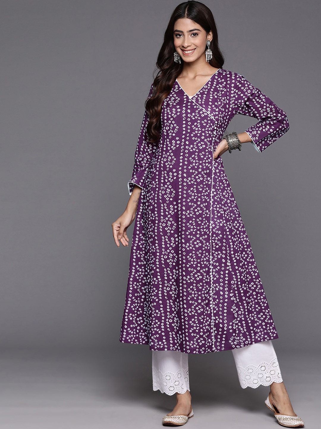 

KALINI Ethnic Motifs Printed V-Neck Cotton Angrakha A-Line Kurta, Purple