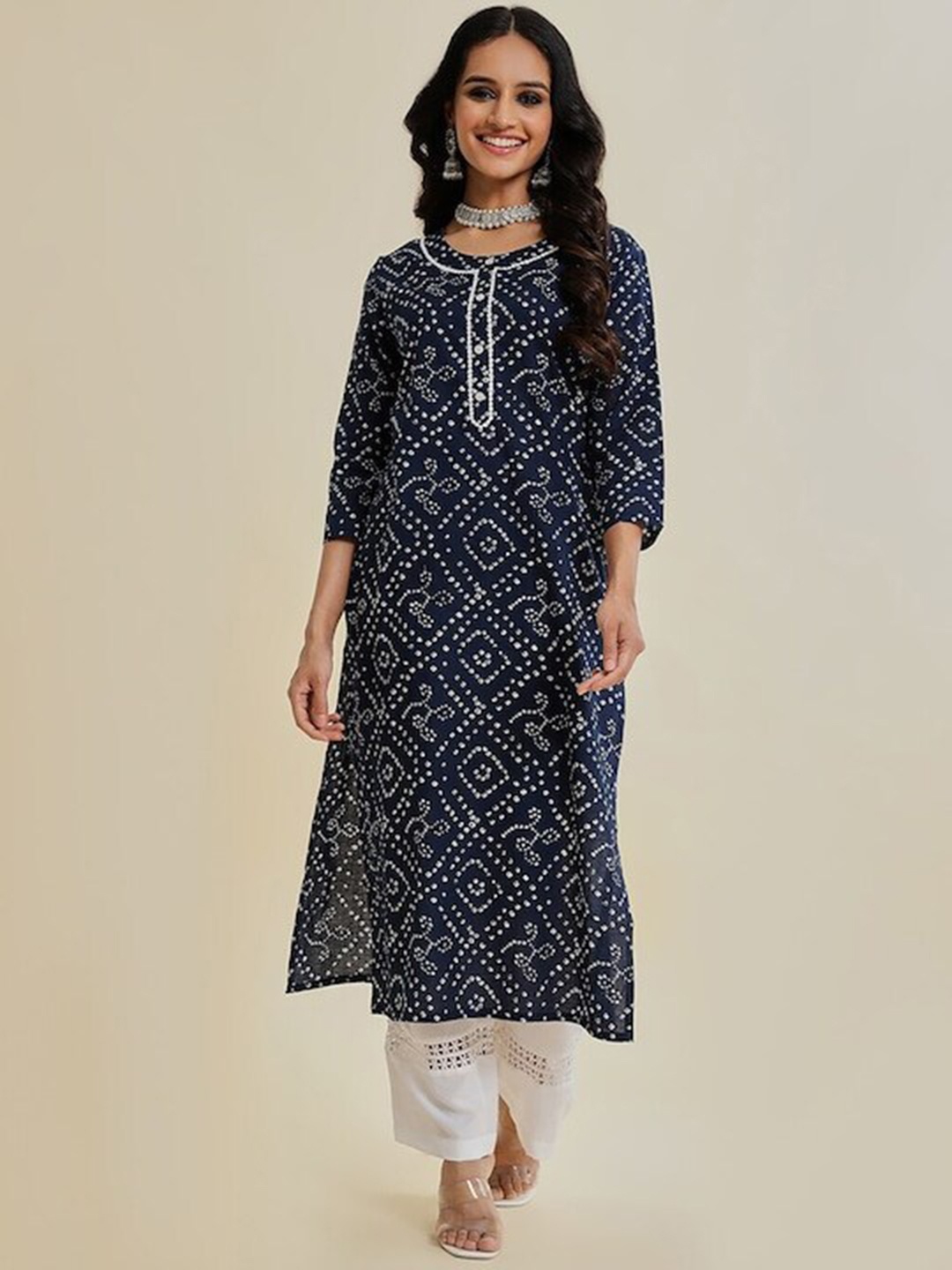 

KALINI Bandhani Round Neck Pure Cotton Straight Kurta, Navy blue