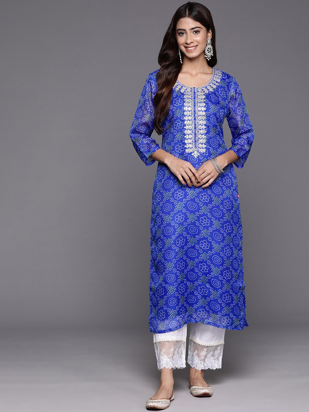 

KALINI Ethnic Motifs Printed Thread Work Detail Straight Kurta, Blue