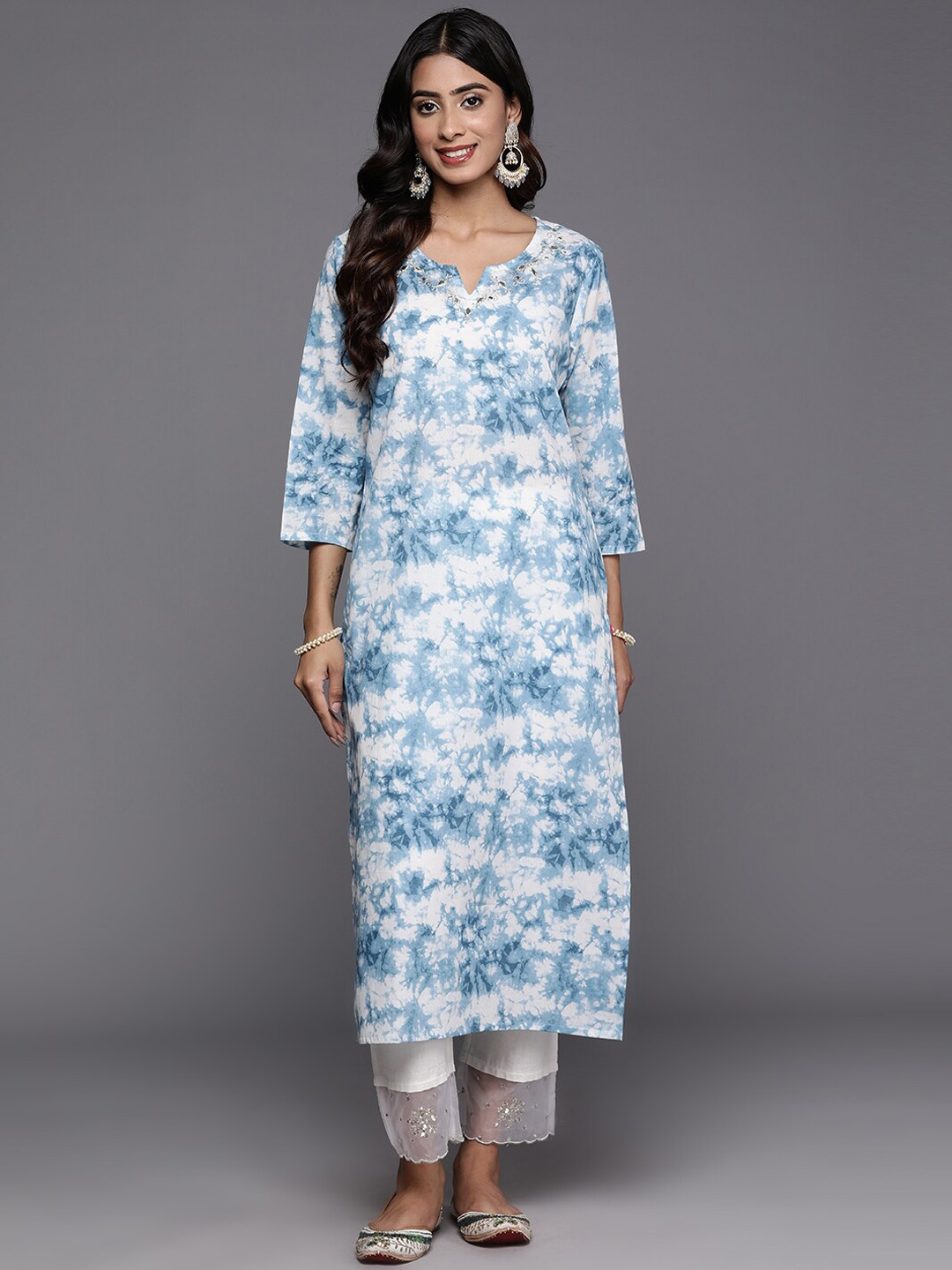 

KALINI Tie & Dyed Thread Work Cotton Straight Kurta, Blue