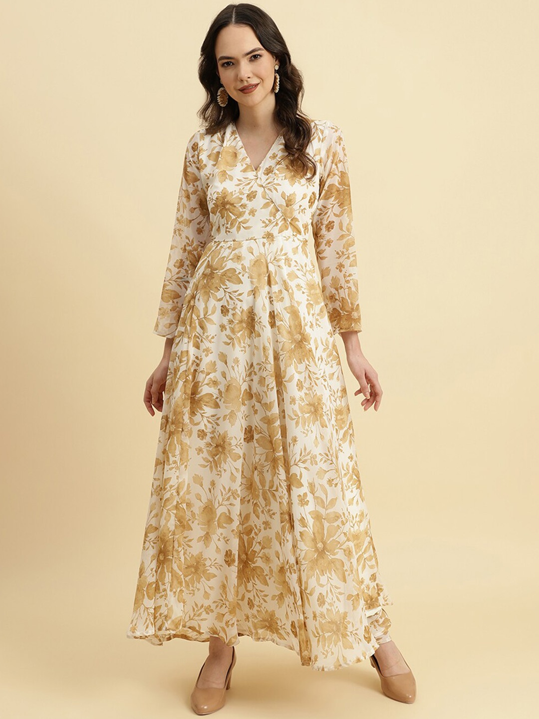 KALINI Floral Printed Georgette Shantoon Anarkali Kurta, Off white