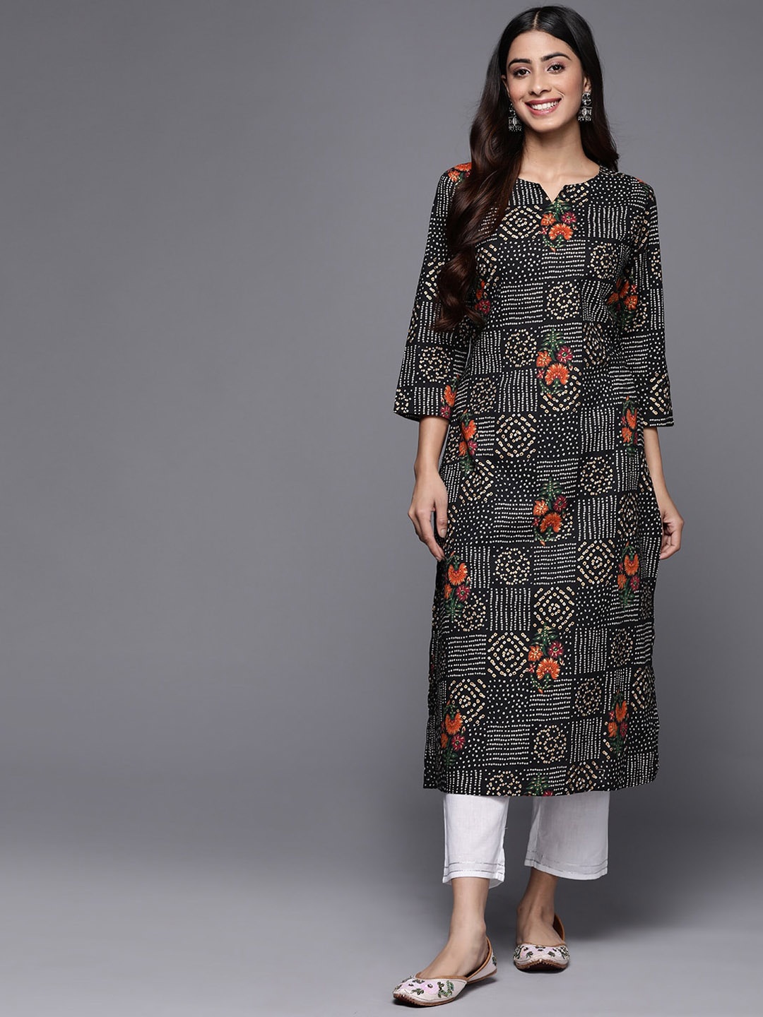 KALINI Geometric Printed Pure Cotton Straight Kurta, Black