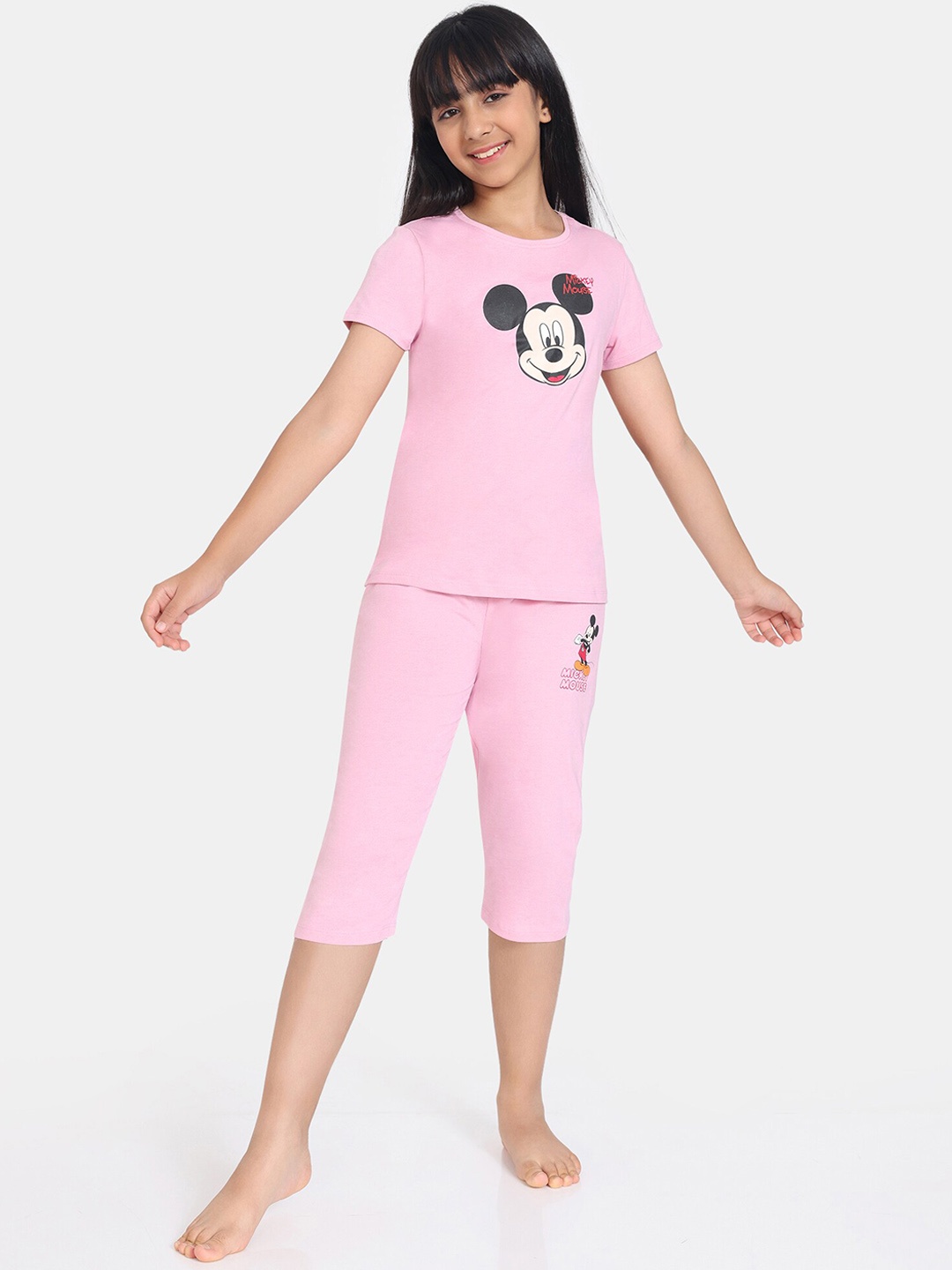 

Rosaline by Zivame Girls Mickey Mouse Printed T-shirt & Capris, Pink