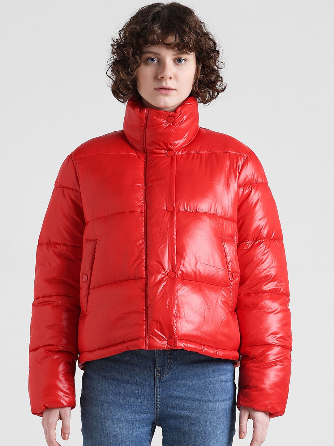 

ONLY Mock Collar Crop Puffer Jacket, Red