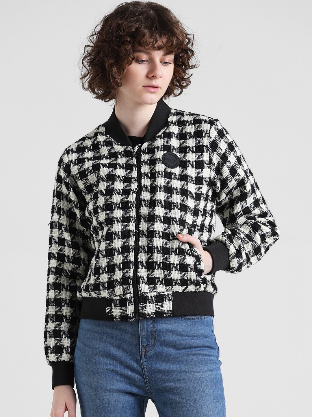 

ONLY Checked Mandarin Collar Crop Bomber Jacket, Black