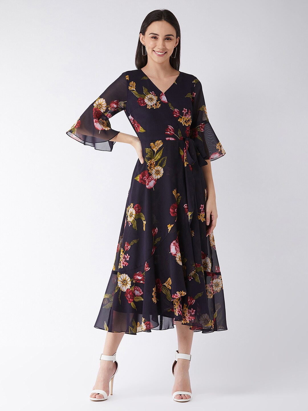 

DressBerry Black Floral Print V-Neck Bell Sleeve Georgette Fit & Flare Midi Dress