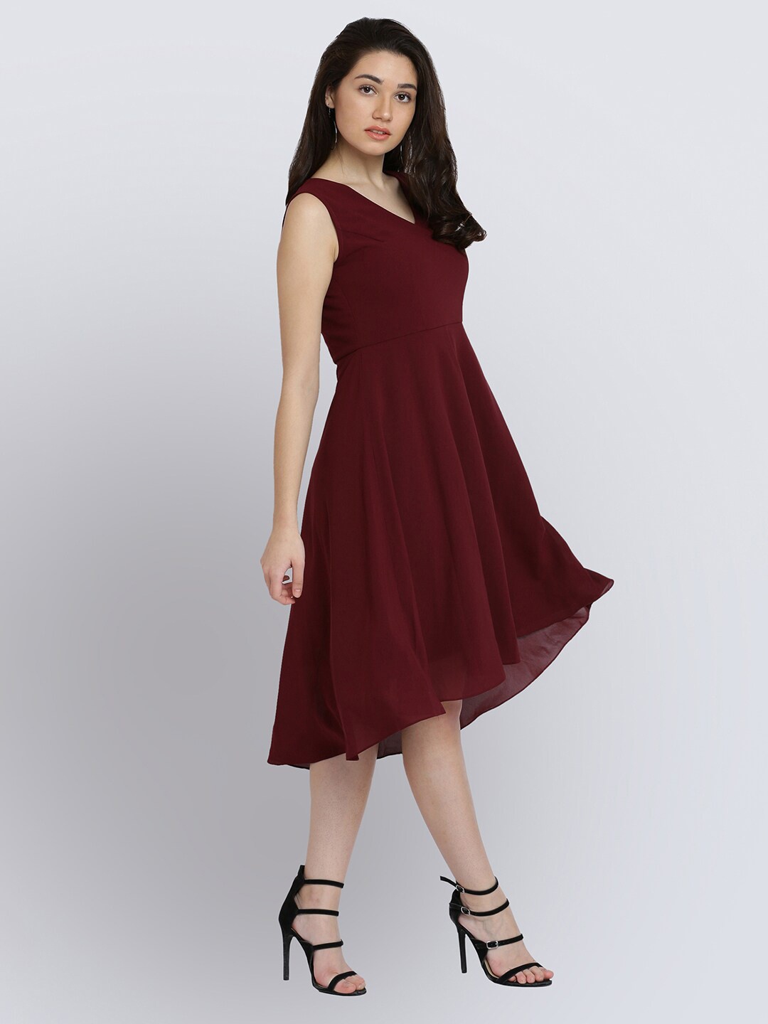 

DressBerry Red V-Neck Gathered Fit & Flare Midi Dress, Maroon