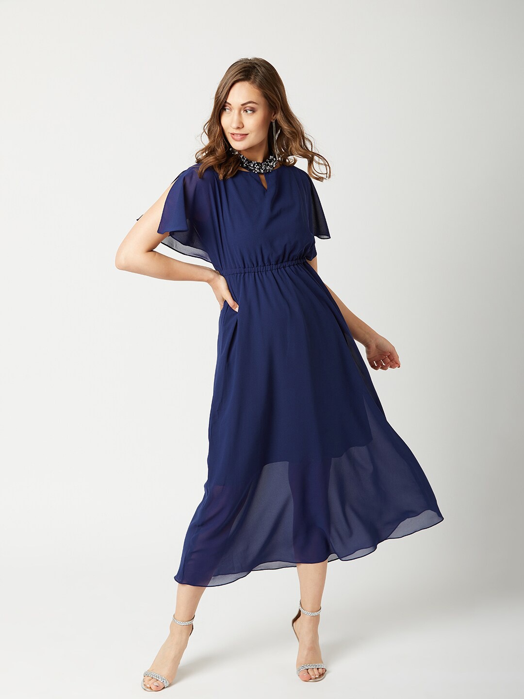 

DressBerry Navy Blue Keyhole Neck Extended Sleeves Georgette Fit & Flare Midi Dress