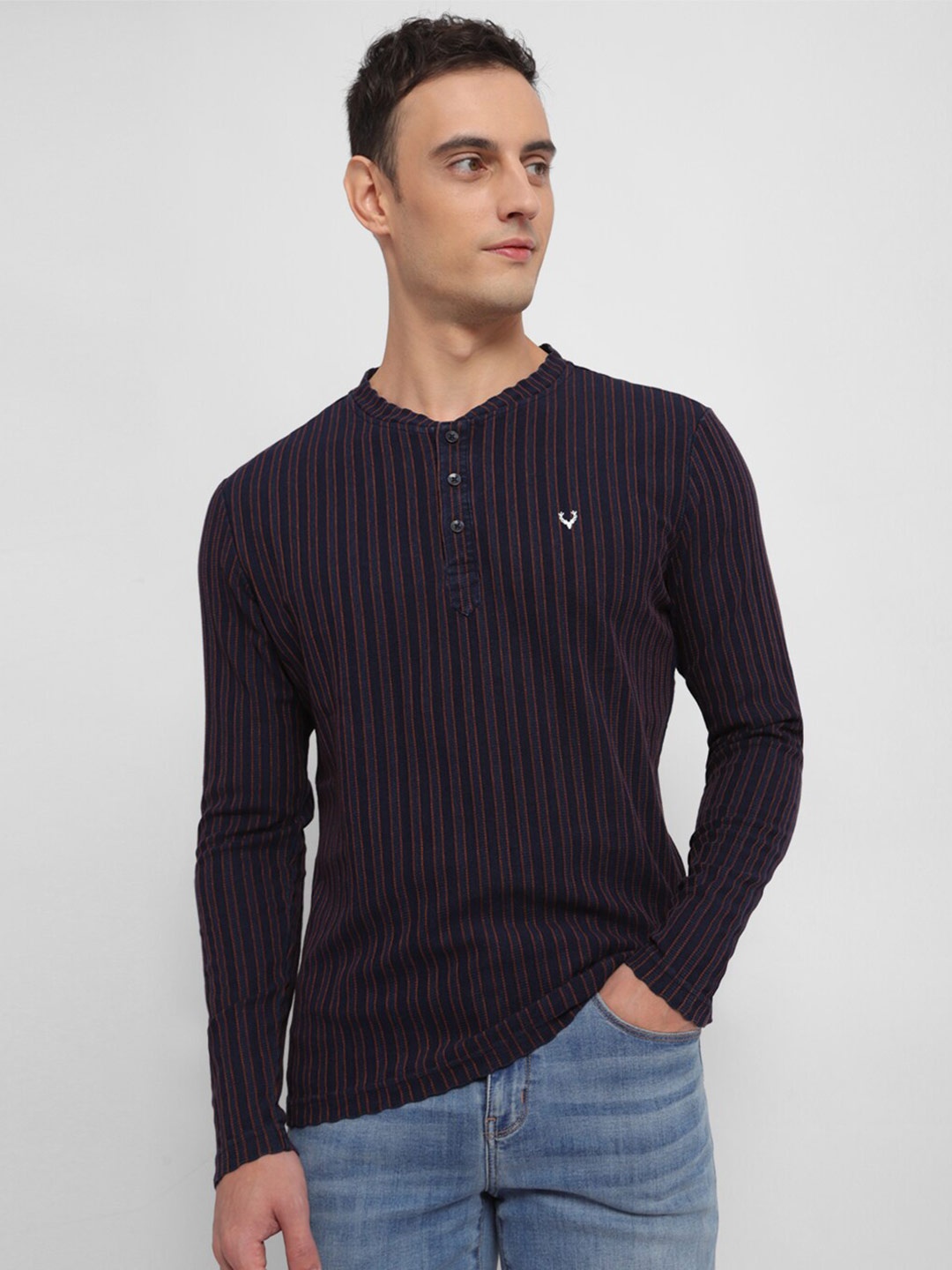 

Allen Solly Striped Henley Neck Regular Fit Cotton T-shirt, Navy blue