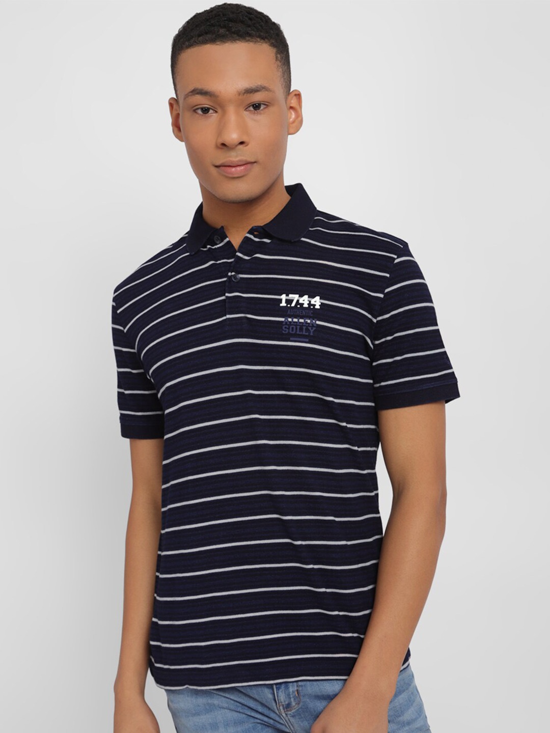 

Allen Solly Striped Polo Collar Regular Fit Cotton T-shirt, Navy blue