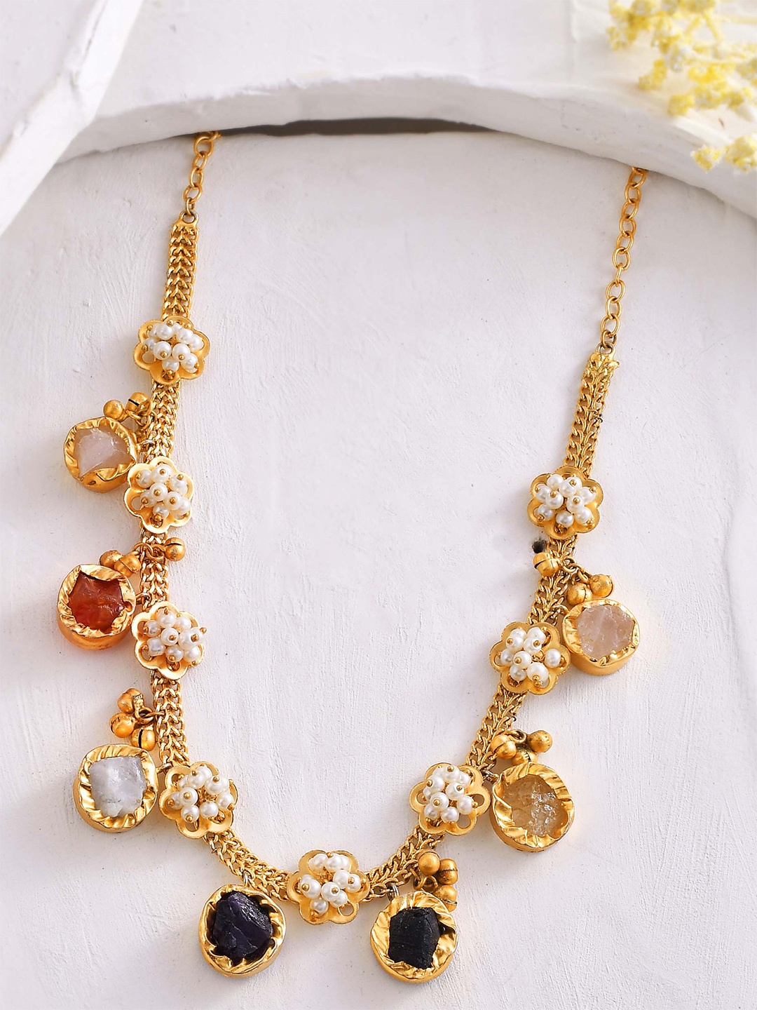 

ZURII Brass-Plated Stone Studded & Beaded Necklace, Gold