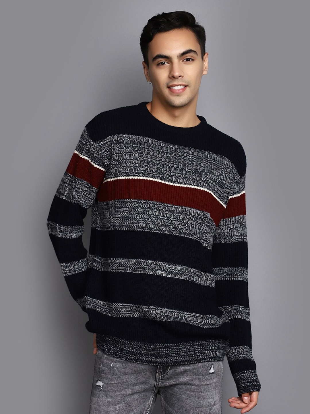 

V-Mart Striped Acrylic Pullover, Grey