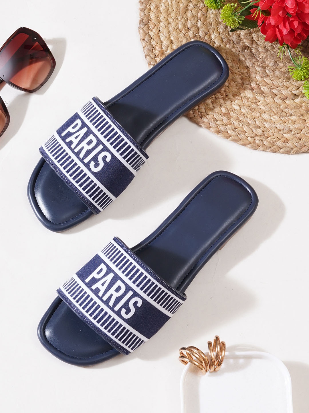 

HASTEN Printed Open Toe Flats, Navy blue