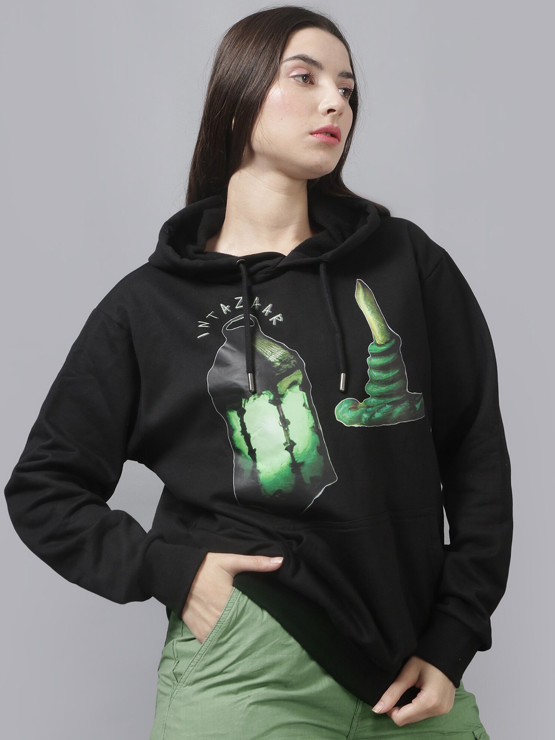 

Beetein Lamhein Graphic Printed Hooded Cotton Oversized Pullover, Black