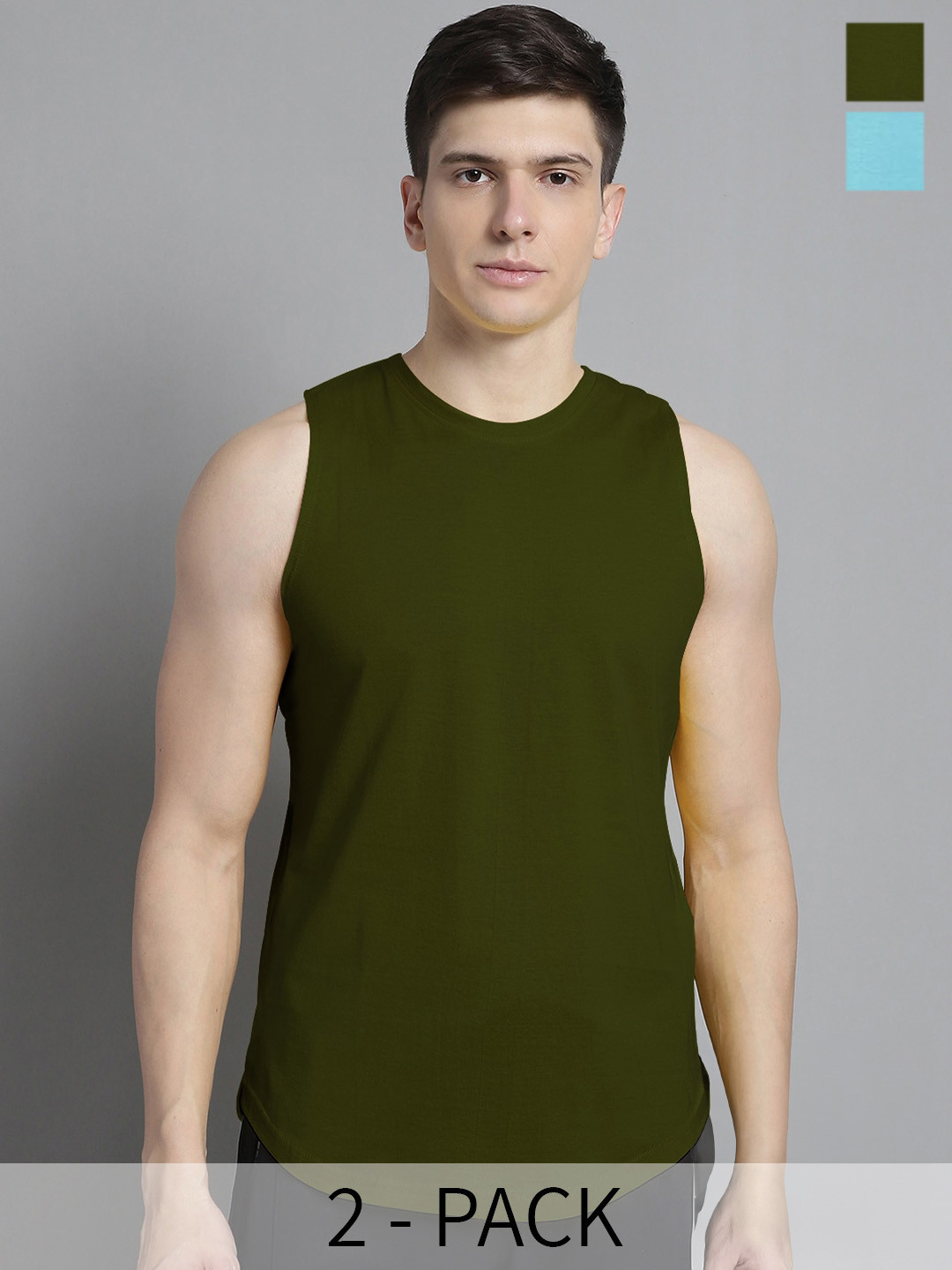 

FBAR Pack Of 2 Sleeveless Bio-Wash Pure Cotton Gym Vests, Turquoise blue