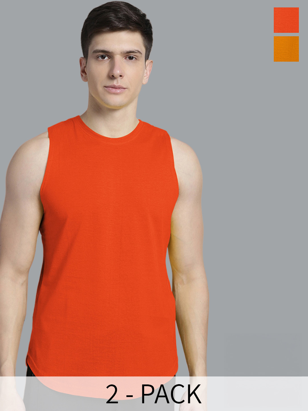 

FBAR Pack of 2 Sleeveless Bio-Wash High Low Pure Cotton Gym Vests, Orange