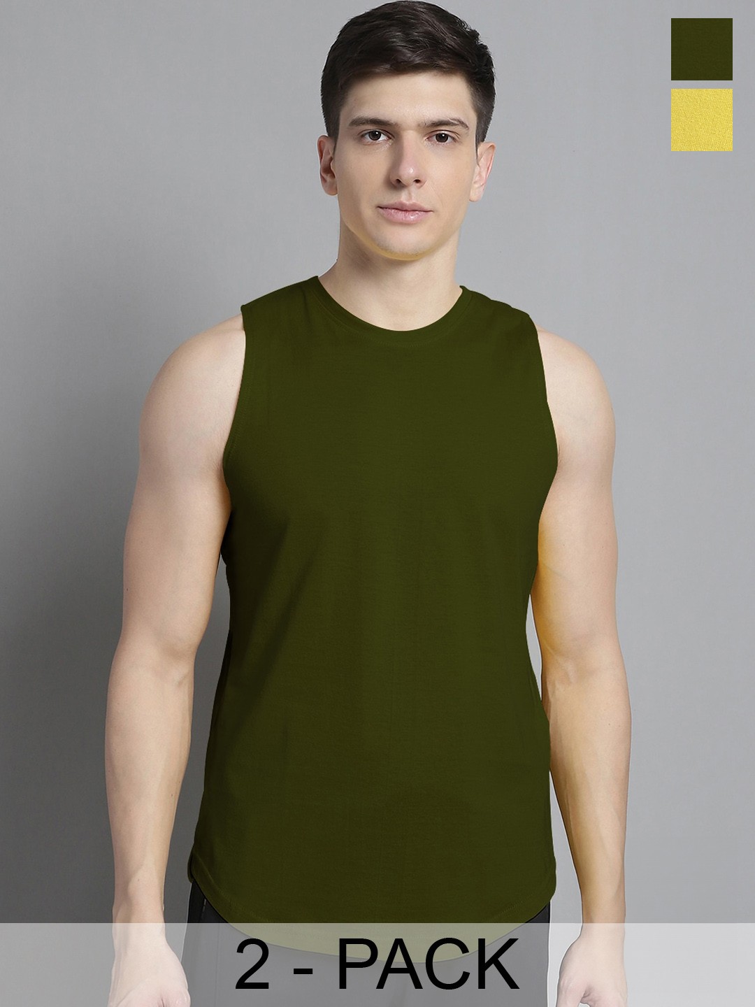 

FBAR Pack Of 2 Round Neck Bio-Wash Pure Cotton Gym Vests, Yellow