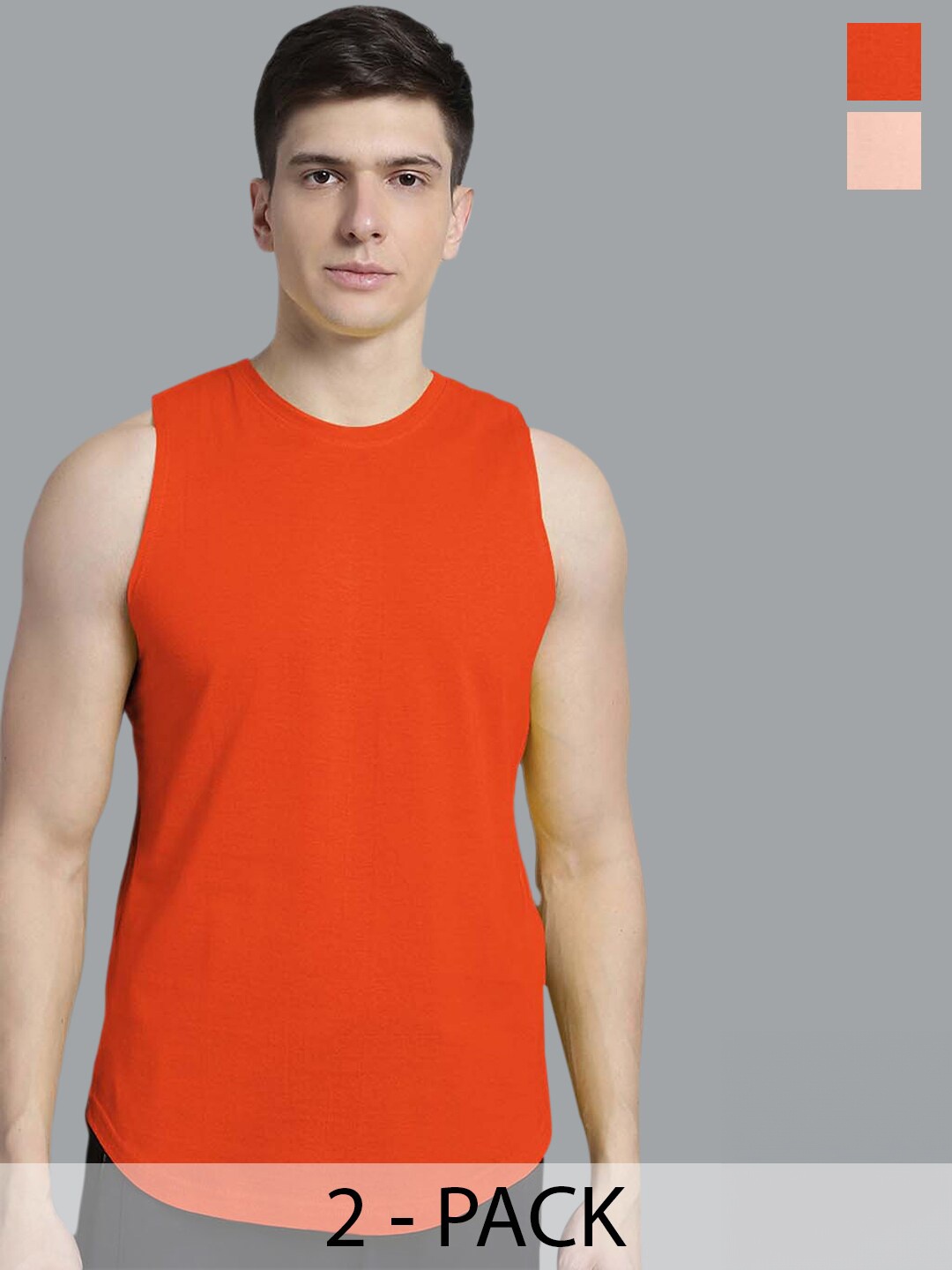 

FBAR Pack Of 2 Round Neck Sleeveless Skin Friendly Pure Cotton Innerwear Gym Vest, Orange