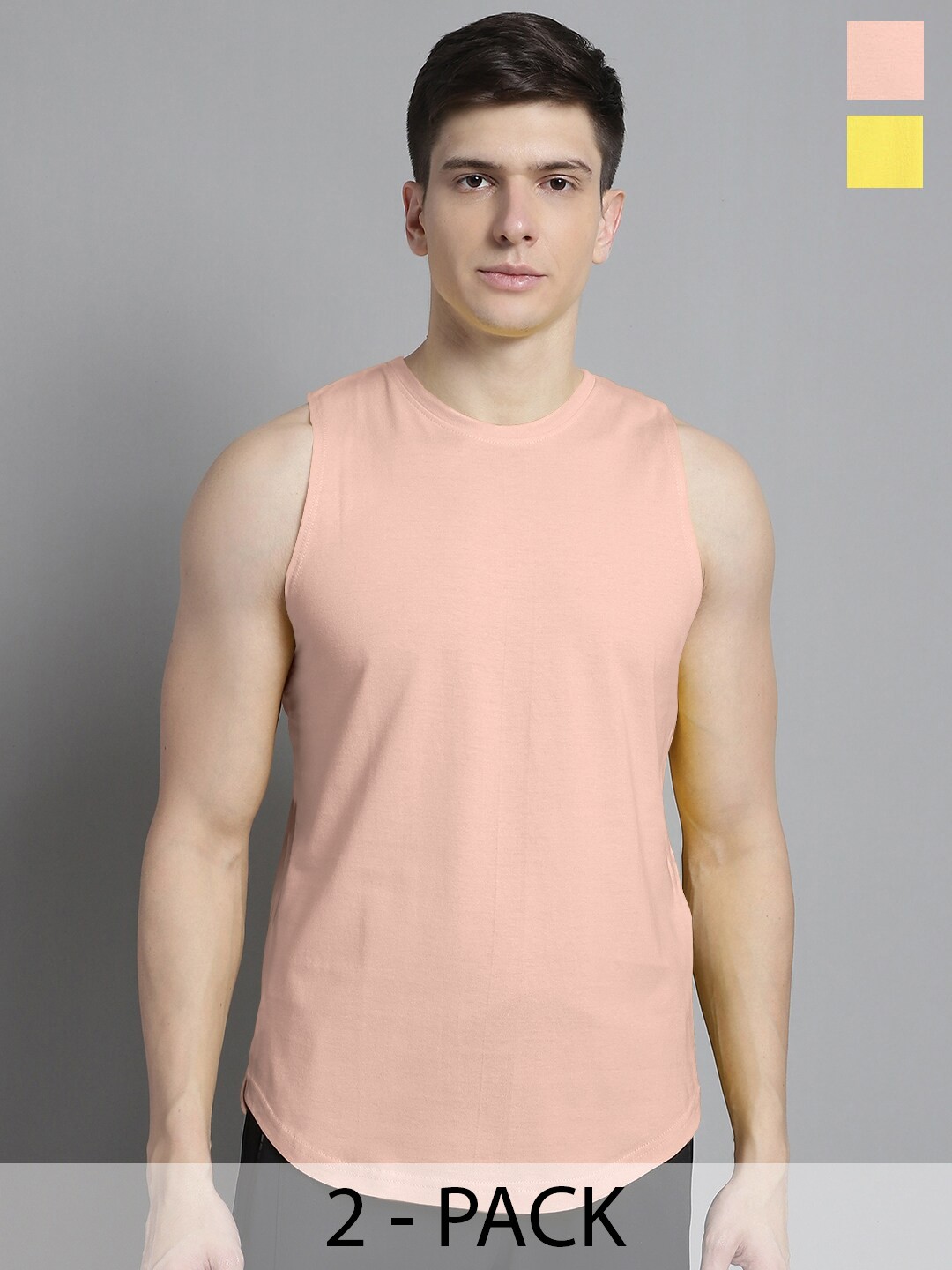

FBAR Pack Of 2 Round Neck Sleeveless Bio-Wash Pure Cotton Innerwear Gym Vest, Yellow