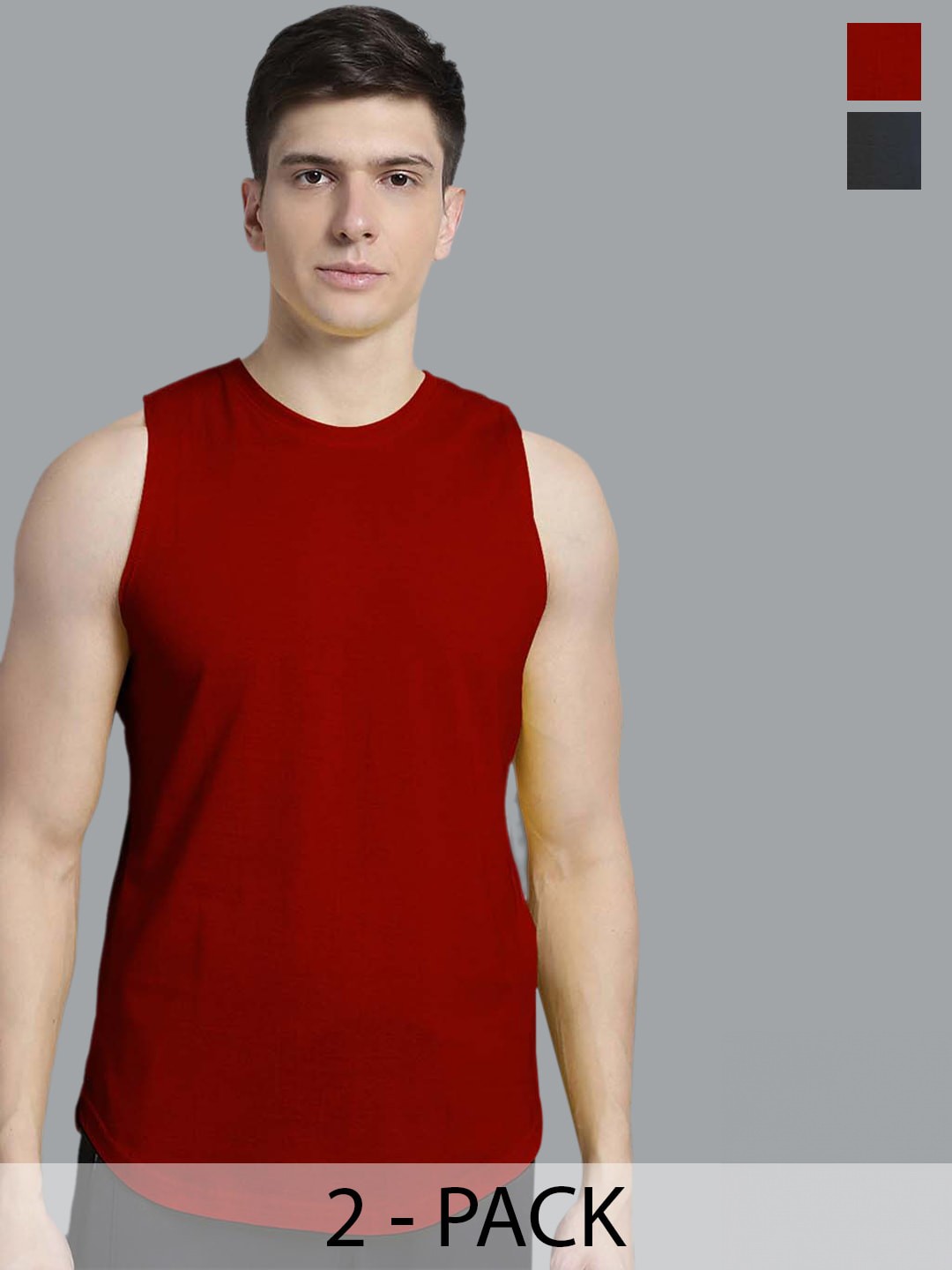 

FBAR Pack of 2 Round Neck Sleeveless Bio Wash Pure Cotton Gym Vest, Maroon
