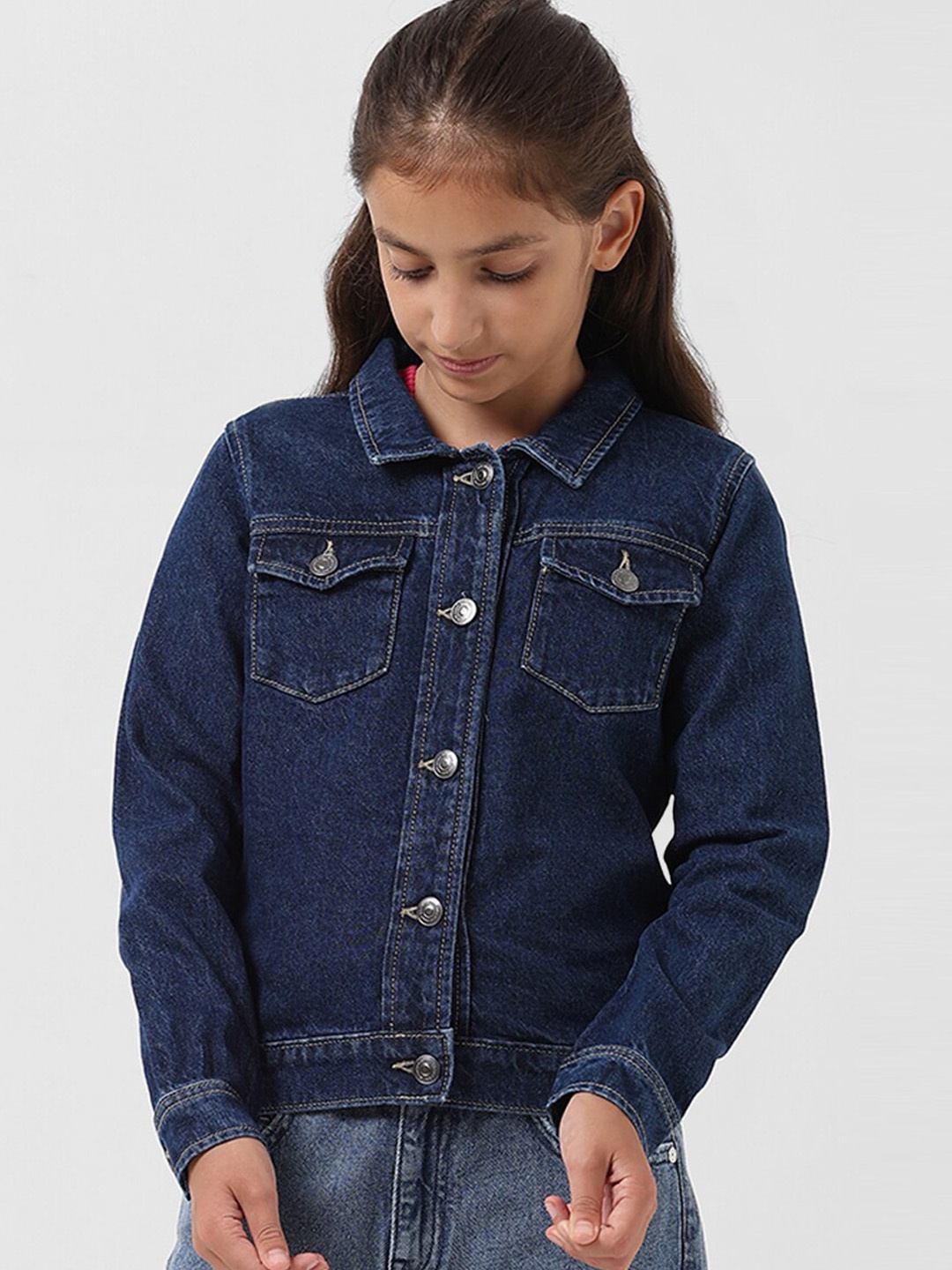 

Vero Moda Girls Washed Spread Collar Pure Cotton Denim Jacket, Blue