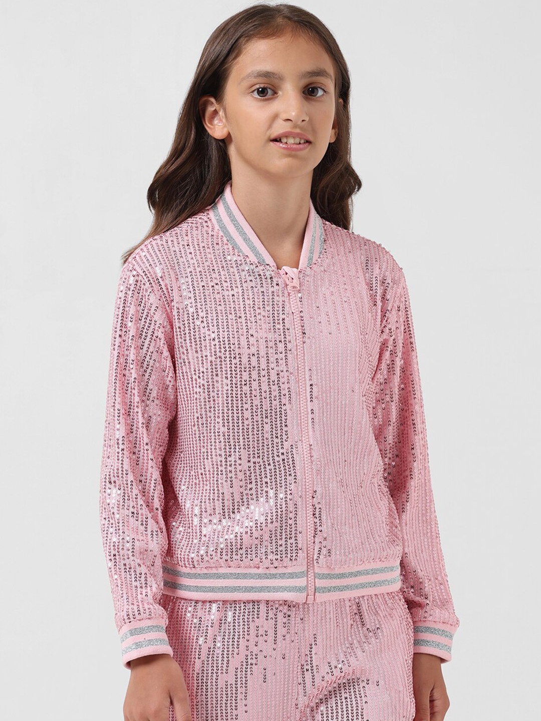 

Vero Moda Girls Embellished Sequined Manadrin Collar Tailored Jacket, Pink