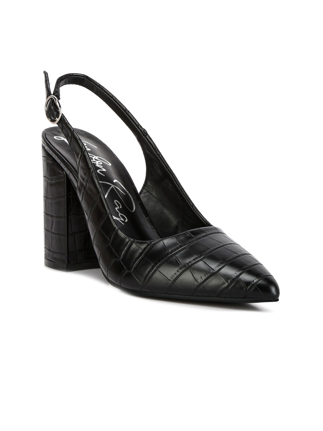 

London Rag Macha Pointed Toe Textured Block Pumps With Buckle Closure, Black