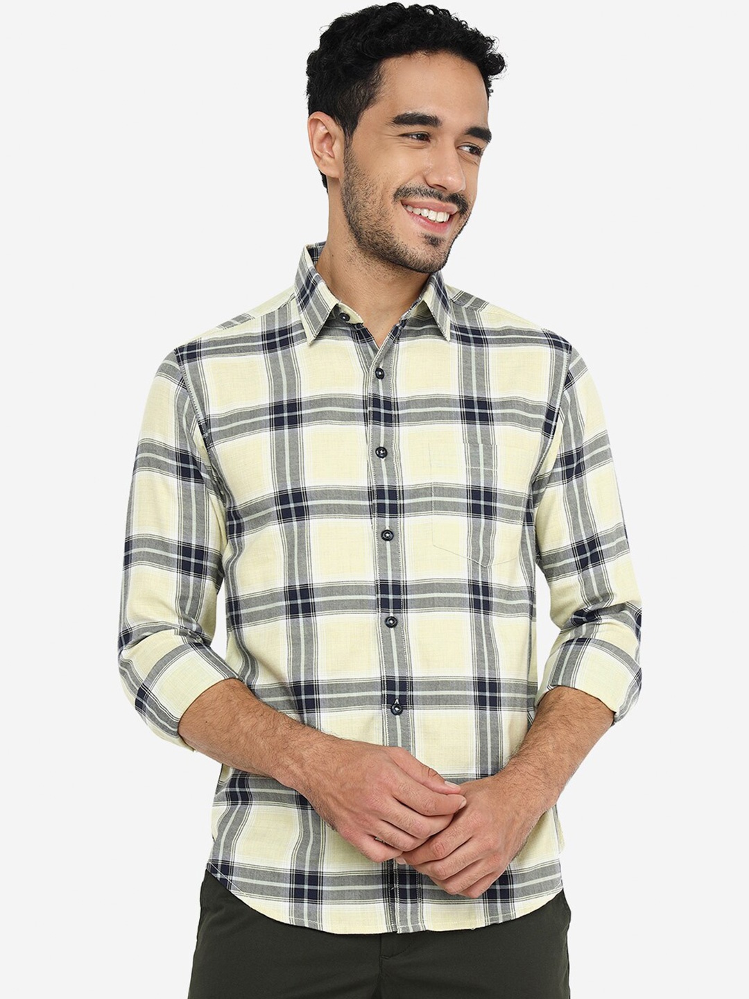 

Greenfibre Slim Fit Tartan Checked Pure Cotton Casual Shirt, Yellow