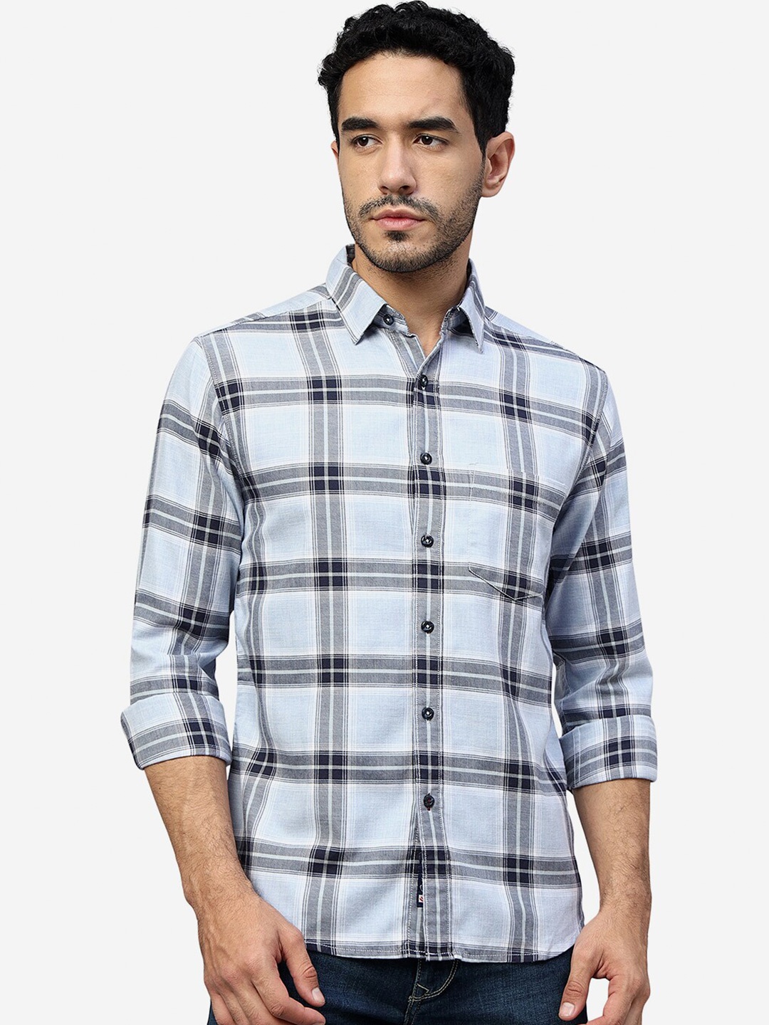 

Greenfibre Slim Fit Tartan Checked Pure Cotton Casual Shirt, Blue