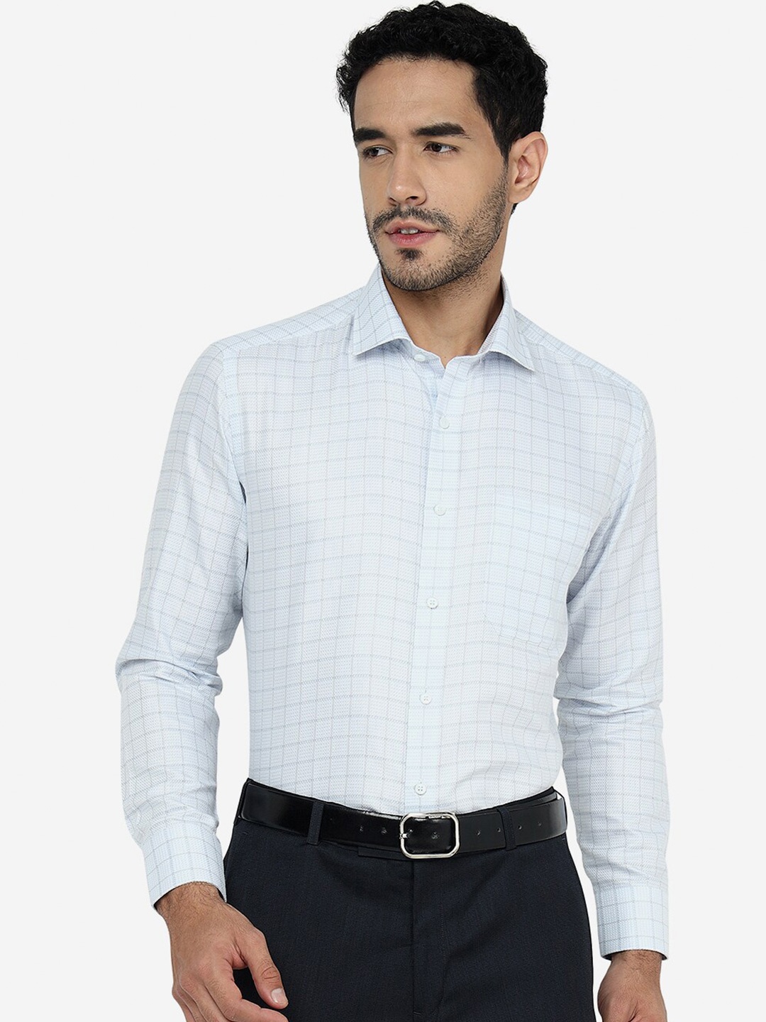 

Greenfibre Slim Fit Grid Tattersall Checked Opaque Formal Shirt, Blue