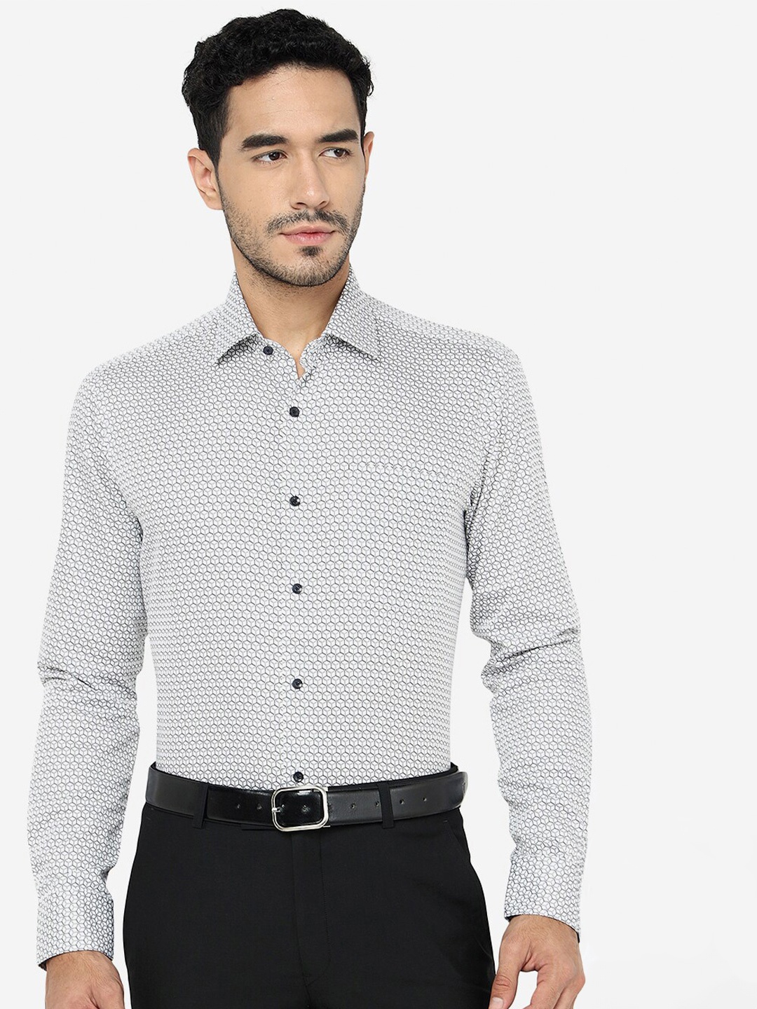 

JADE BLUE Slim Fit Geometric Printed Pure Cotton Casual Shirt, White