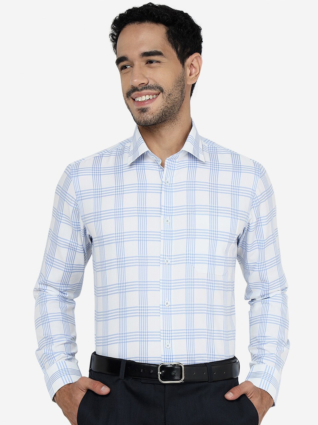 

JADE BLUE Spread Collar Slim Fit Gingham Checked Casual Pure Cotton Shirt