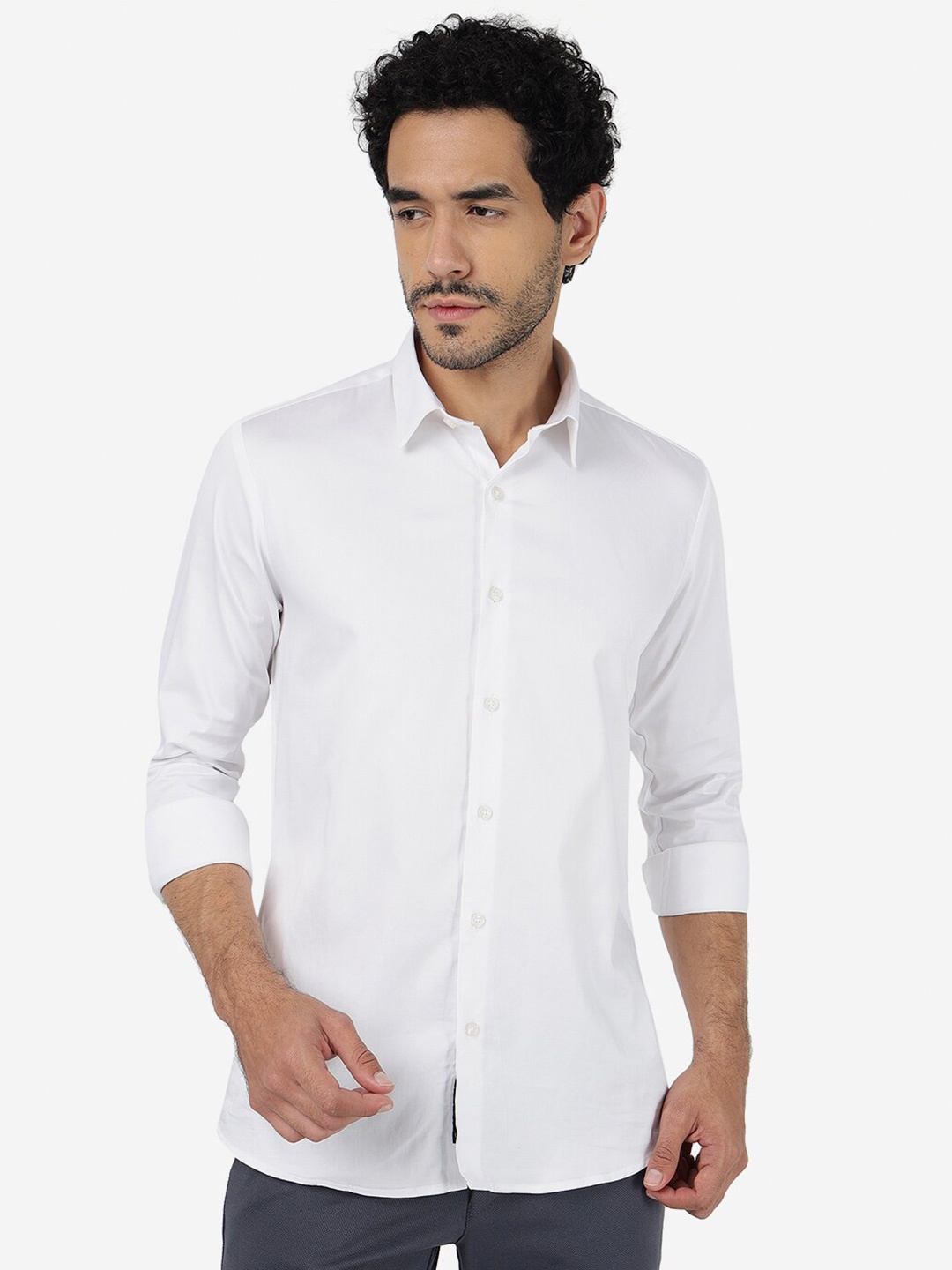 

JADE BLUE Slim Fit Spread Collar Knitted Casual Pure Cotton Shirt, White