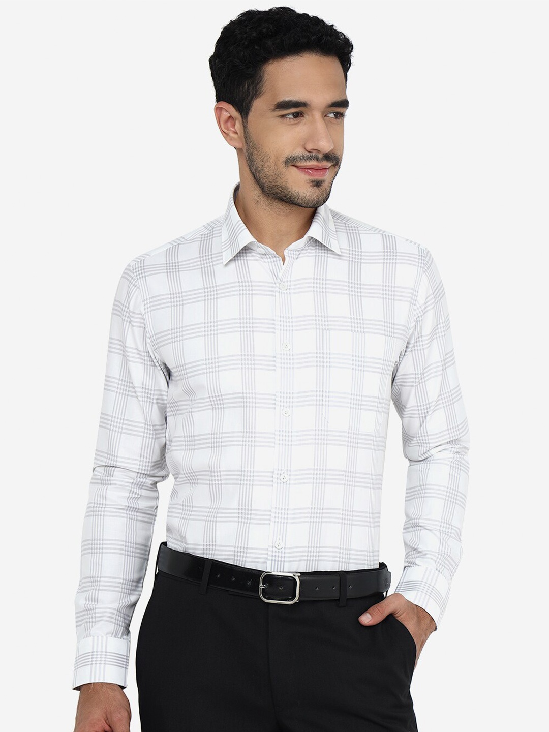 

JADE BLUE Spread Collar Casual Checked Pure Cotton Shirt, White