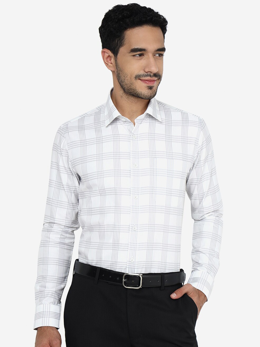 

JADE BLUE Slim Fit Gingham Checked Casual Pure Cotton Shirt, Grey