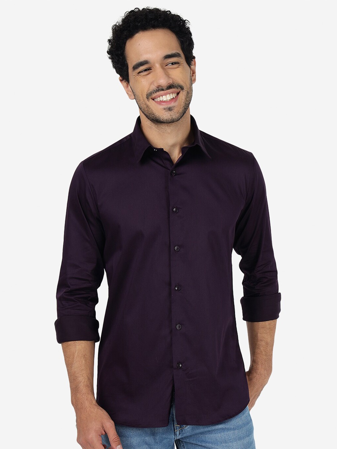 

JADE BLUE Slim Fit Spread Collar Casual Pure Cotton Shirt, Purple