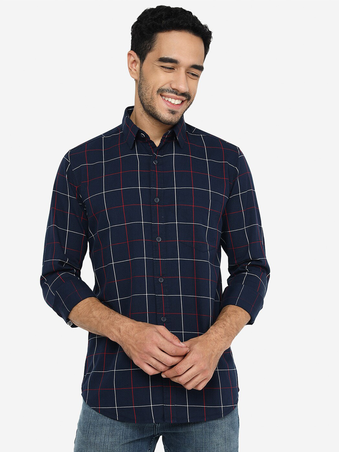 

JADE BLUE Slim Fit Windowpane Checks Pure Cotton Casual Shirt, Navy blue