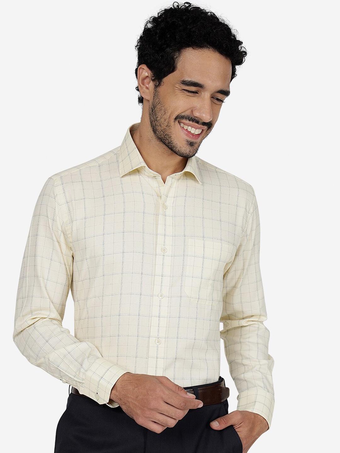 

JADE BLUE Windowpane Checks Pure Cotton Formal Shirt, Yellow