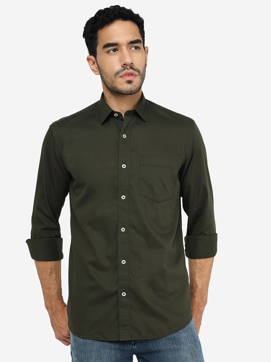 

JADE BLUE Slim Fit Spread Collar Casual Pure Cotton Shirt, Green