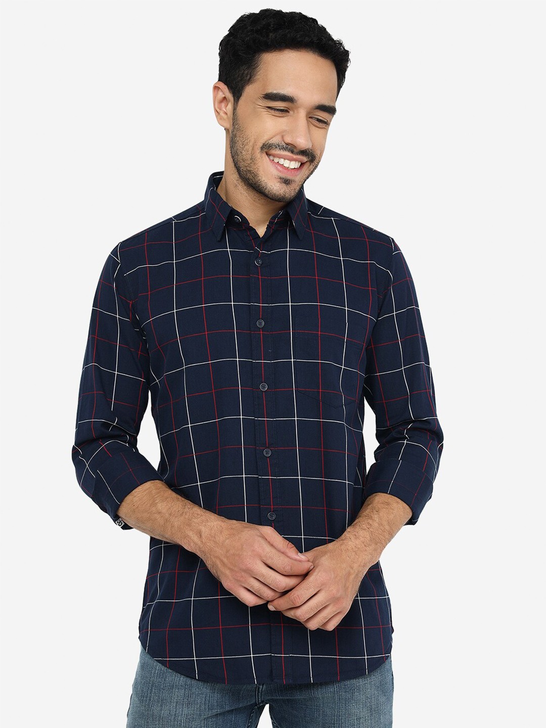

JADE BLUE Slim Fit Windowpane Checks Pure Cotton Casual Shirt
