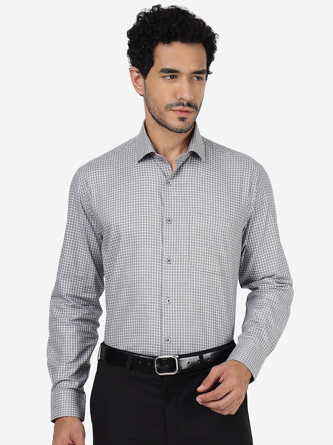

JADE BLUE Spread Collar Formal Checked Pure Cotton Shirt, Grey
