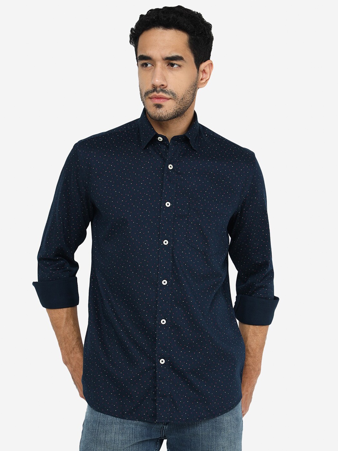 

JADE BLUE Printed Slim Fit Cotton Classic Casual Shirt, Navy blue