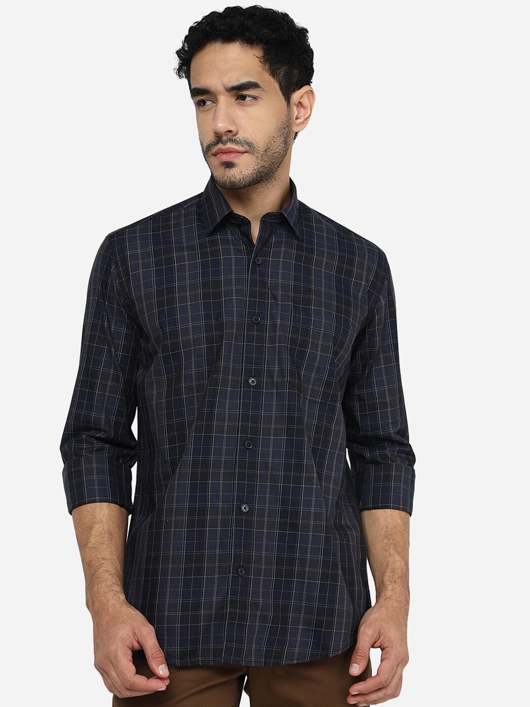 

JADE BLUE Slim Fit Grid Tattersall Checked Pure Cotton Casual Shirt