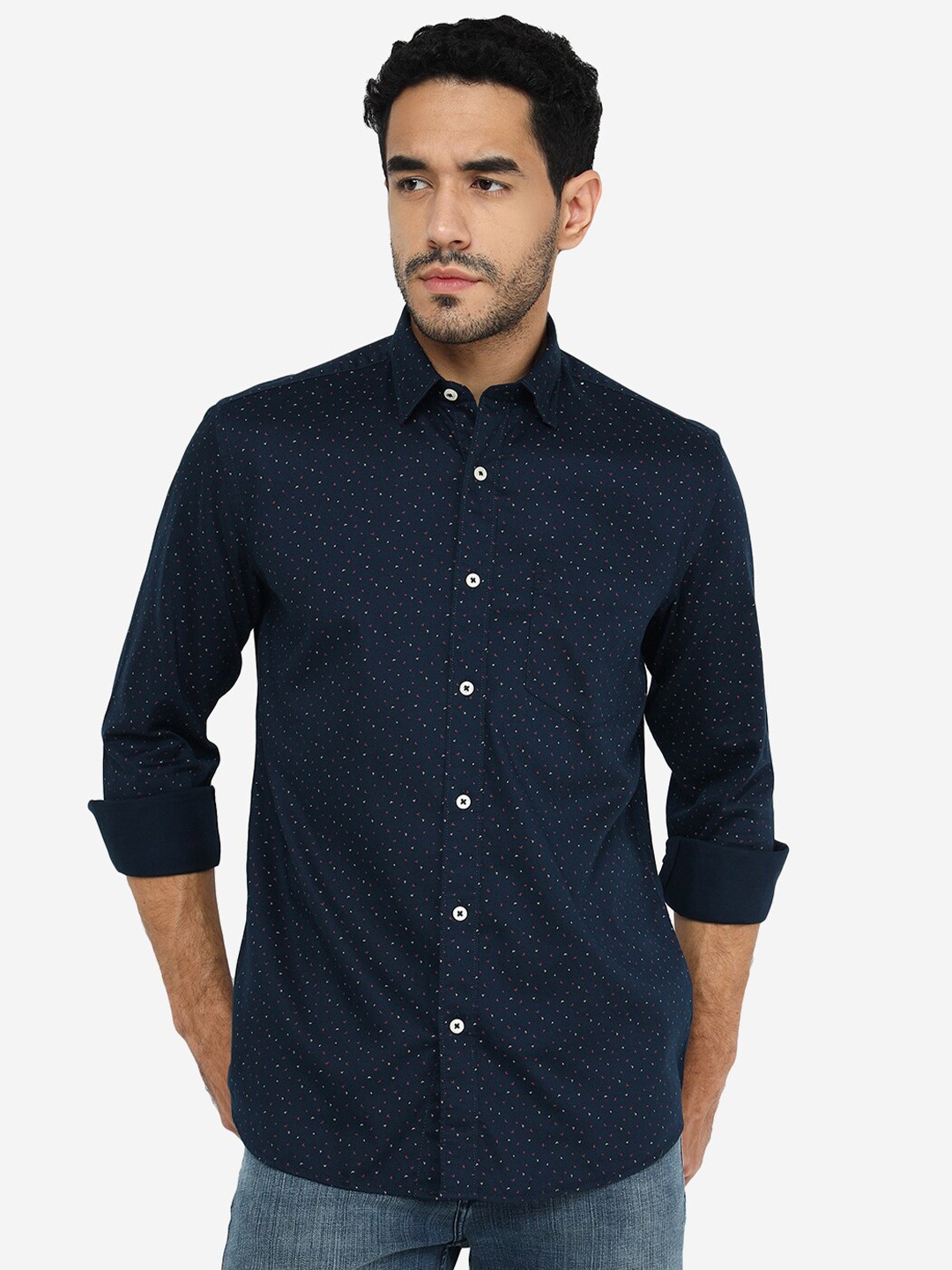 

JADE BLUE Printed Classic Slim Fit Cotton Casual Shirt, Navy blue