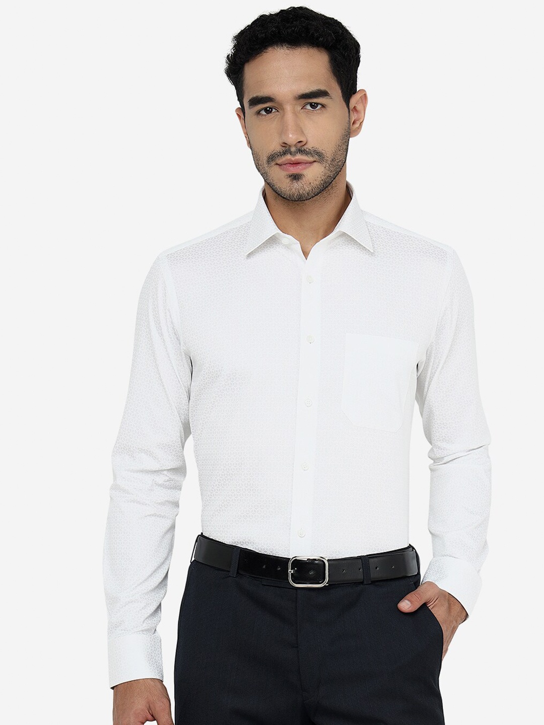 

JADE BLUE Spread Collar Slim Fit Geometric Printed Formal Pure Cotton Shirt, White