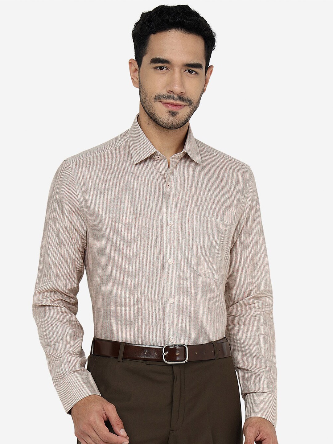 

JADE BLUE Textured Pure Linen Formal Shirt, Beige