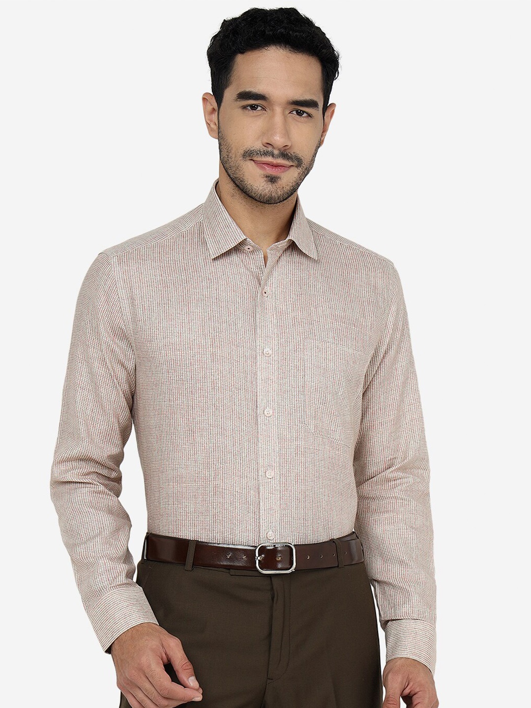 

JADE BLUE Spread Collar Textured Casual Linen Shirt, Beige