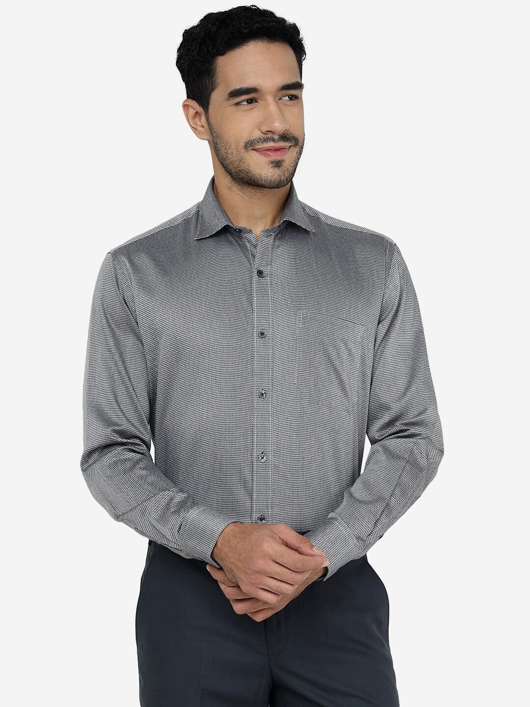 

JADE BLUE Micro Ditsy Printed Pure Cotton Formal Shirt, Black